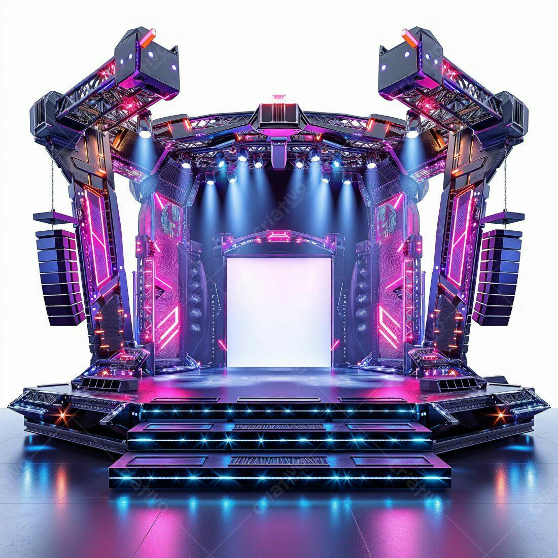 Palco futurista com iluminação rosa e azul