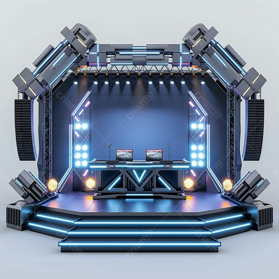Palco futurista para evento com iluminação azul