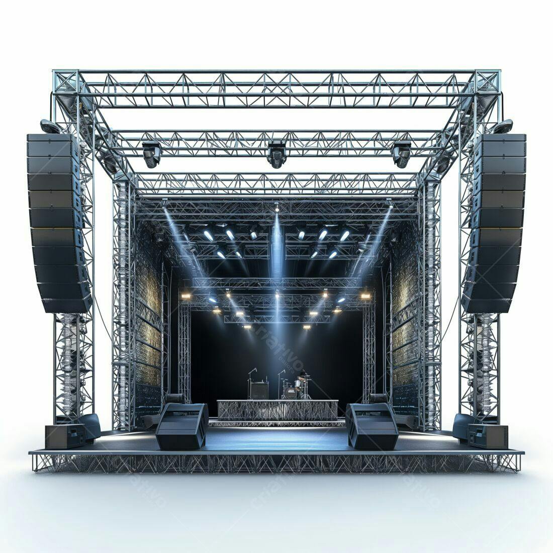Palco de concerto metálico com iluminação