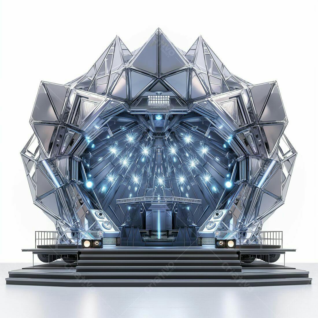 Palco futurista metálico com luzes azuis