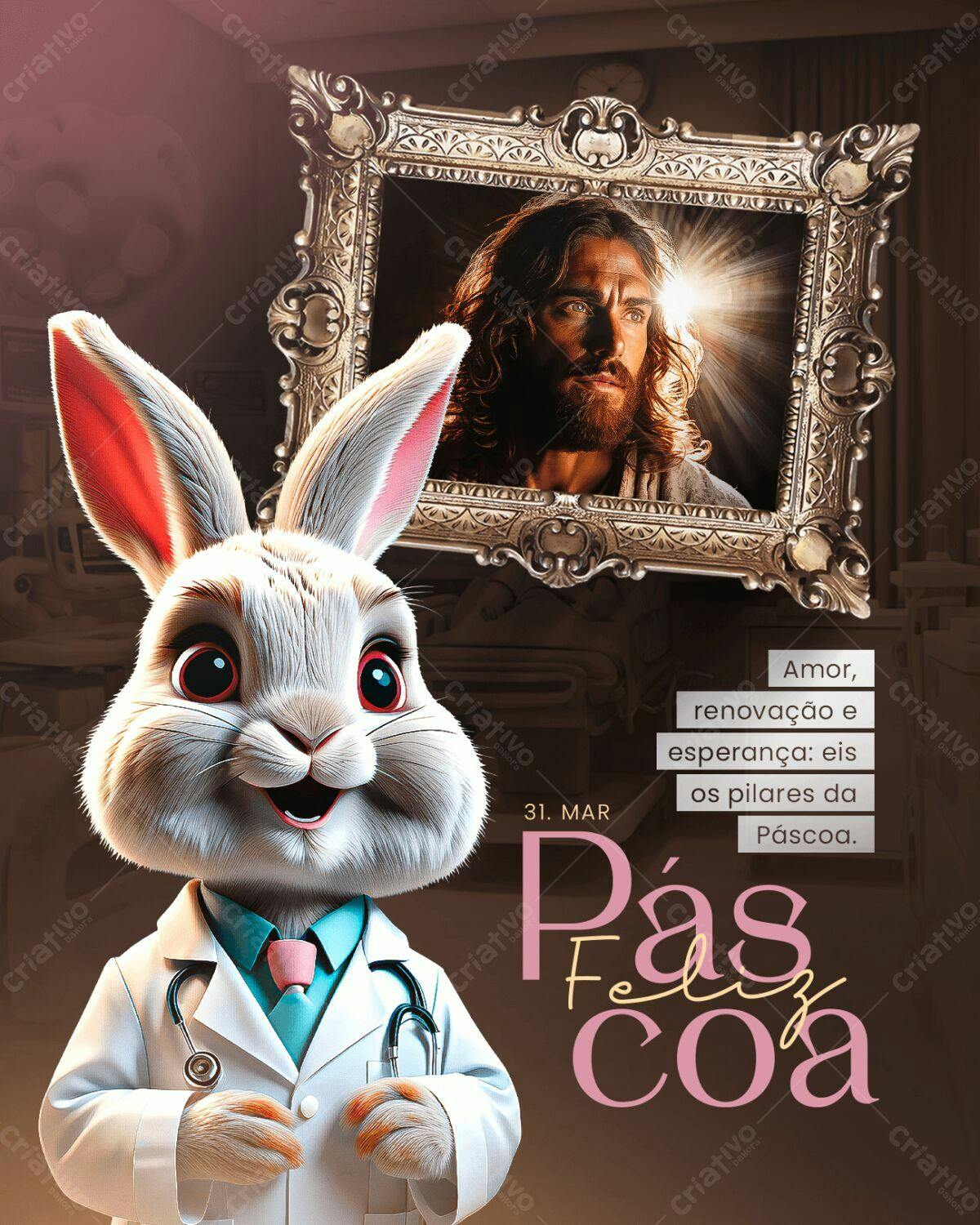Flyer Páscoa com Coelho Médico PSD Editável