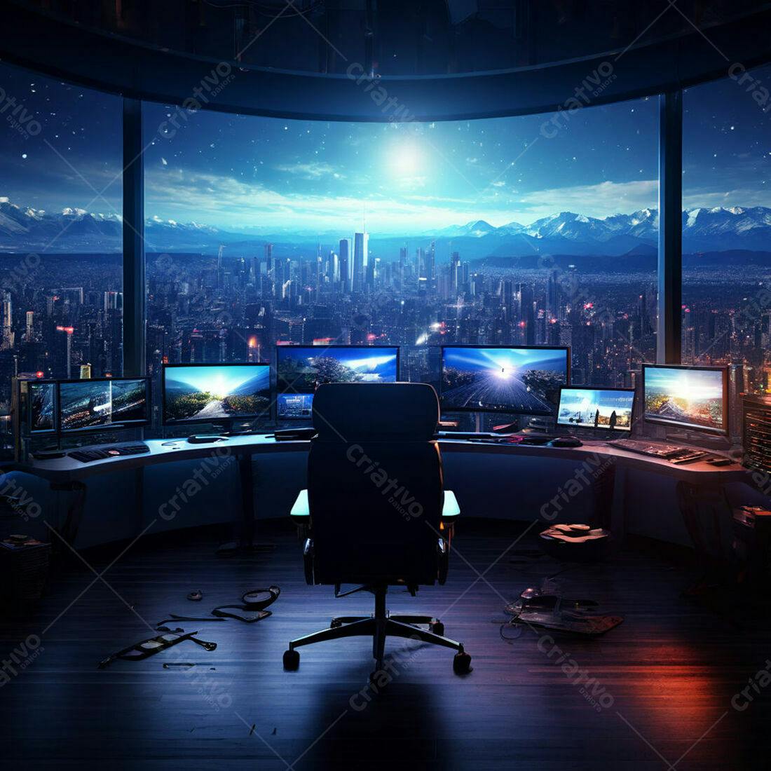 Estação de trabalho futurista com vista noturna da cidade