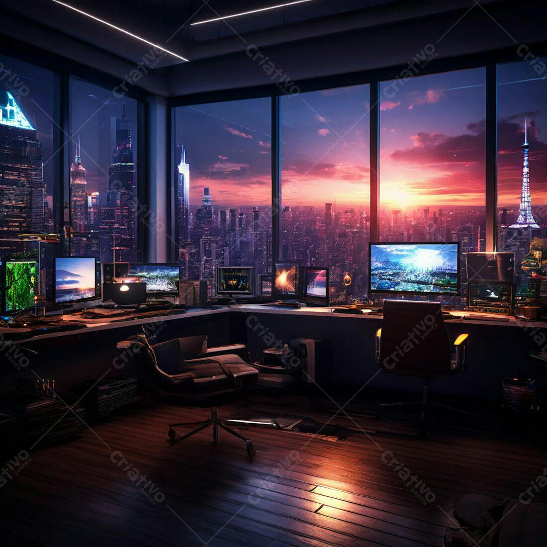 Escritório moderno com vista panorâmica noturna