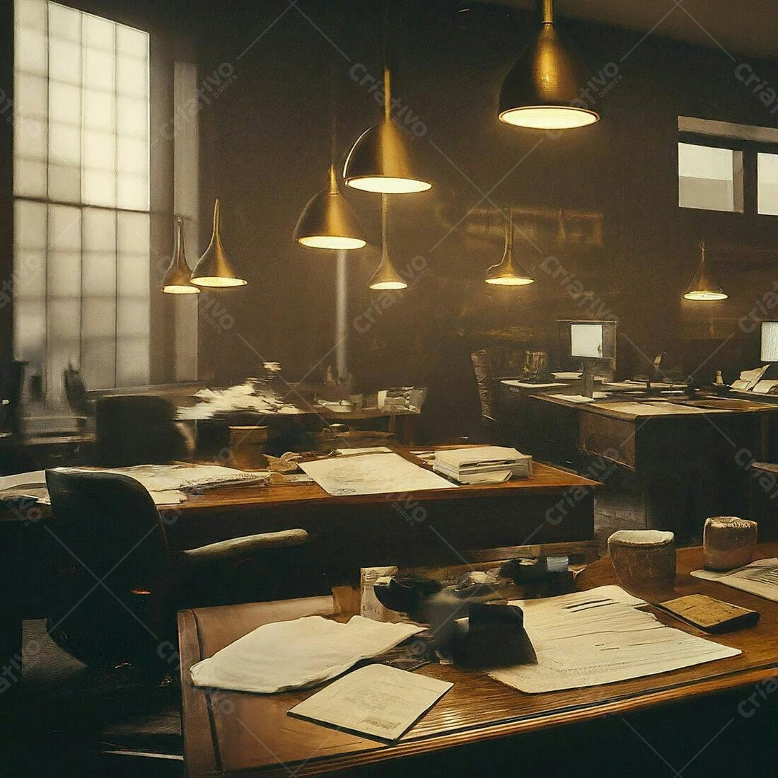 Escritório vintage com lâmpadas douradas