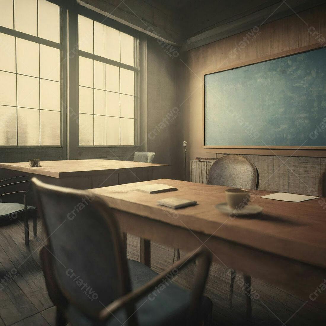 Sala de aula antiga com mesas de madeira e quadro negro