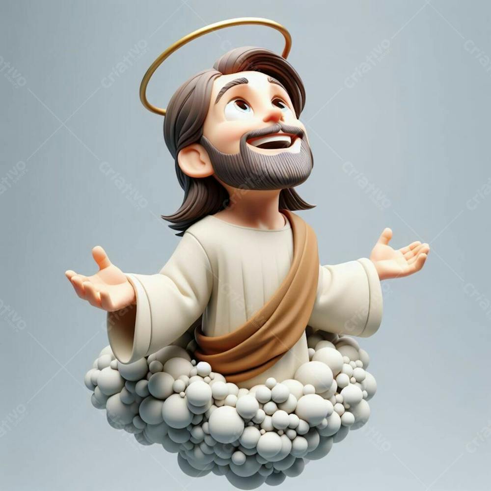 Composição, 3D, De Jesus Cristo, Feliz, No Estilo Disney Pixar, Ele Está Olhando Para Cima,  Em Um Fundo Cinza I.a V.3