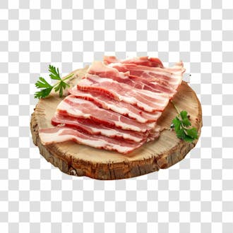 Imagem açougue fatias de bacon suíno em cima de tábua de madeira rústica com fundo transparente