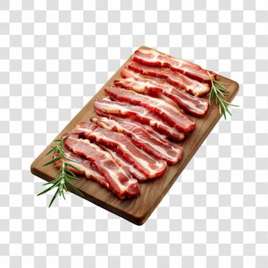 Imagem açougue fatias de bacon suíno em cima de tábua de madeira rústica com fundo transparente