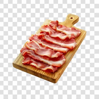 Imagem açougue fatias de bacon suíno em cima de tábua de madeira rústica com fundo transparente