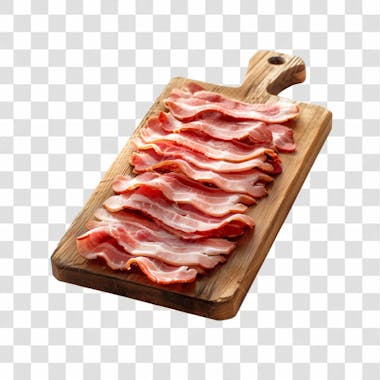 Imagem açougue fatias de bacon suíno em cima de tábua de madeira rústica com fundo transparente