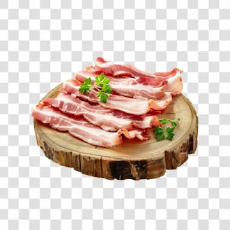 Imagem açougue fatias de bacon suíno em cima de tábua de madeira rústica com fundo transparente