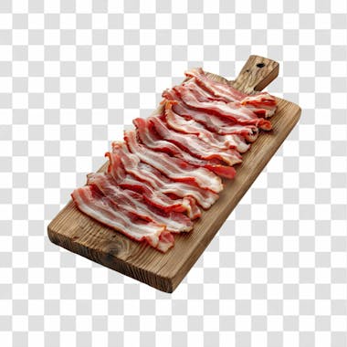 Imagem açougue fatias de bacon suíno em cima de tábua de madeira rústica com fundo transparente