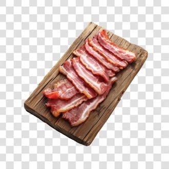 Imagem açougue fatias de bacon suíno em cima de tábua de madeira rústica com fundo transparente