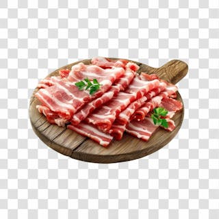 Imagem açougue fatias de bacon suíno em cima de tábua de madeira rústica com fundo transparente