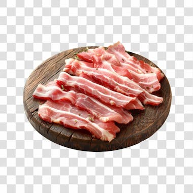 Imagem açougue fatias de bacon suíno em cima de tábua de madeira rústica com fundo transparente