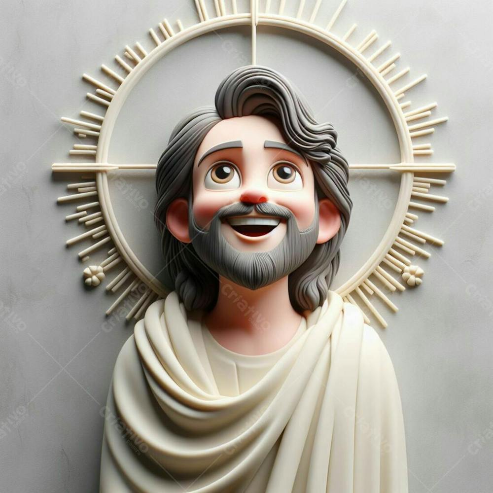 Composição, 3D, De Jesus Cristo, Feliz, No Estilo Disney Pixar, Ele Está Olhando Para Cima,  Em Um Fundo Cinza I.a V.4