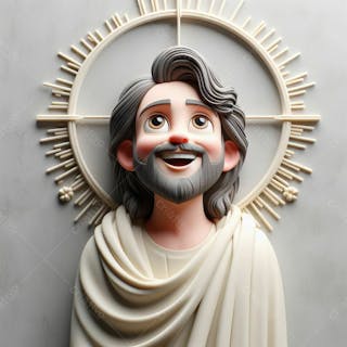 Composição, 3d, de jesus cristo, feliz, no estilo disney pixar, ele está olhando para cima, em um fundo cinza i.a v.4