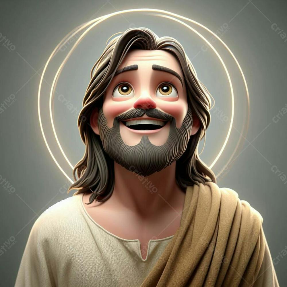 Composição, 3D, De Jesus Cristo, Feliz, No Estilo Disney Pixar, Ele Está Olhando Para Cima,  Em Um Fundo Cinza I.a V.5