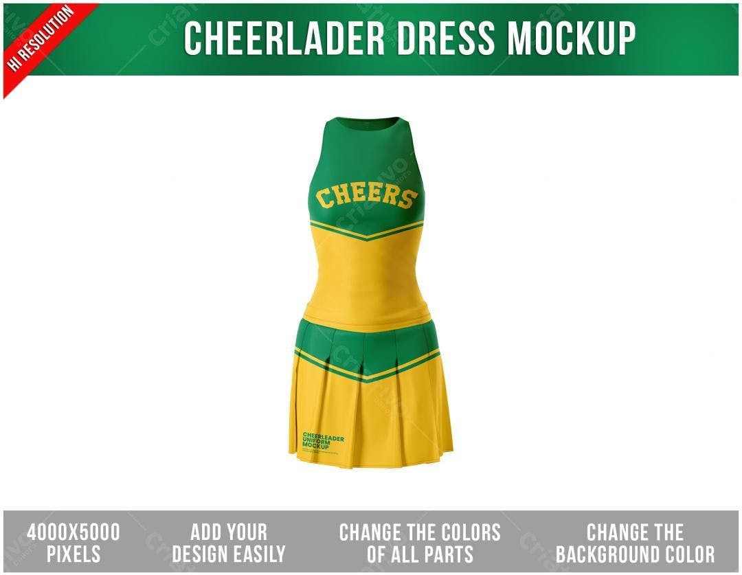 Mockup Uniforme de Cheerleader Amarelo e Verde PSD Editável