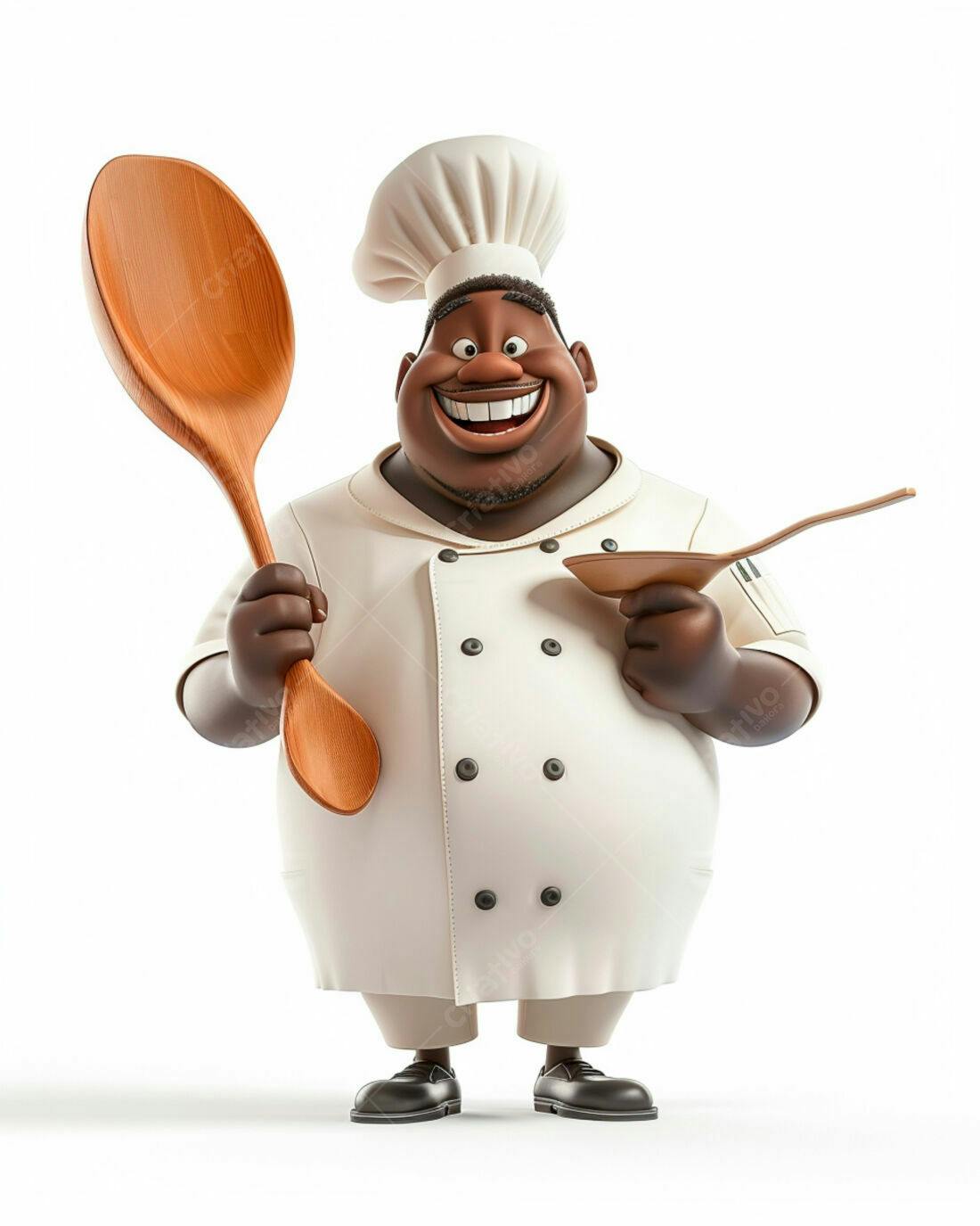 Chef negro sorridente com colheres de madeira