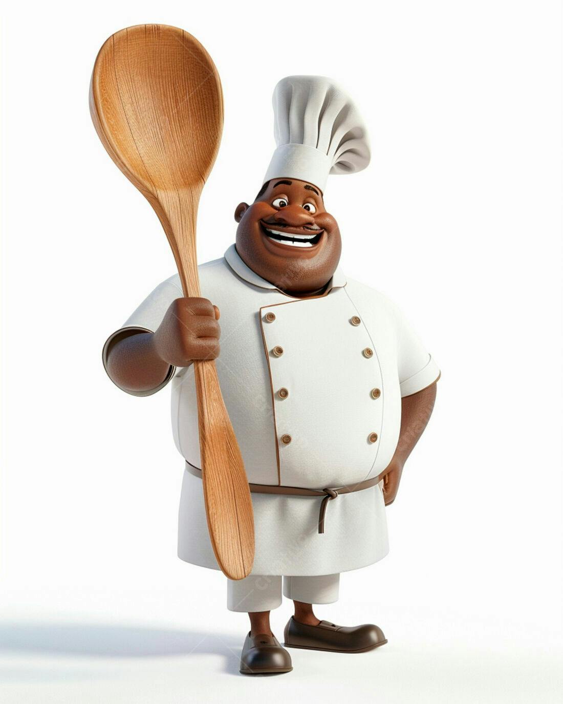 Chef negro sorridente com colher de pau gigante
