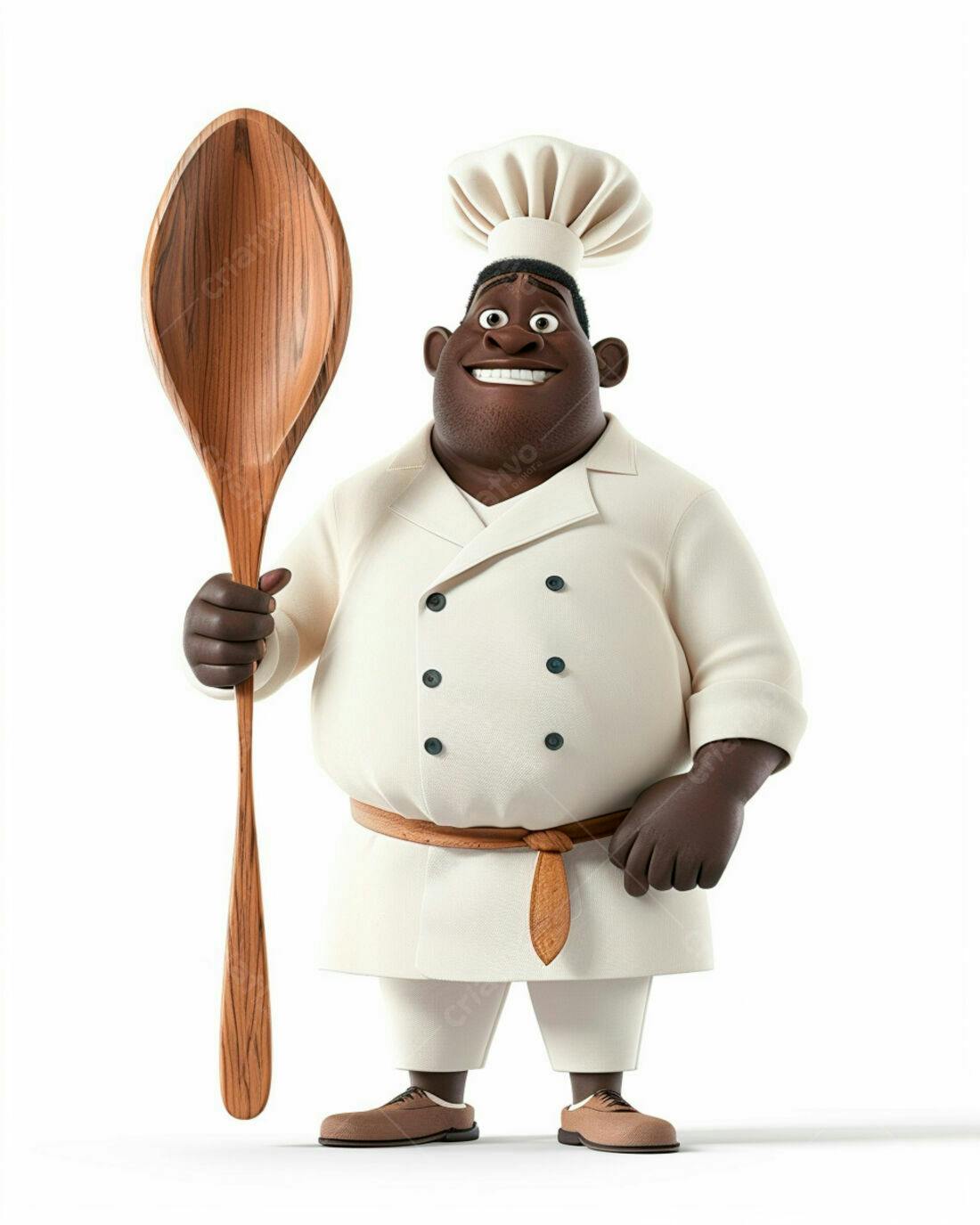 Chef negro sorridente com colher de pau gigante