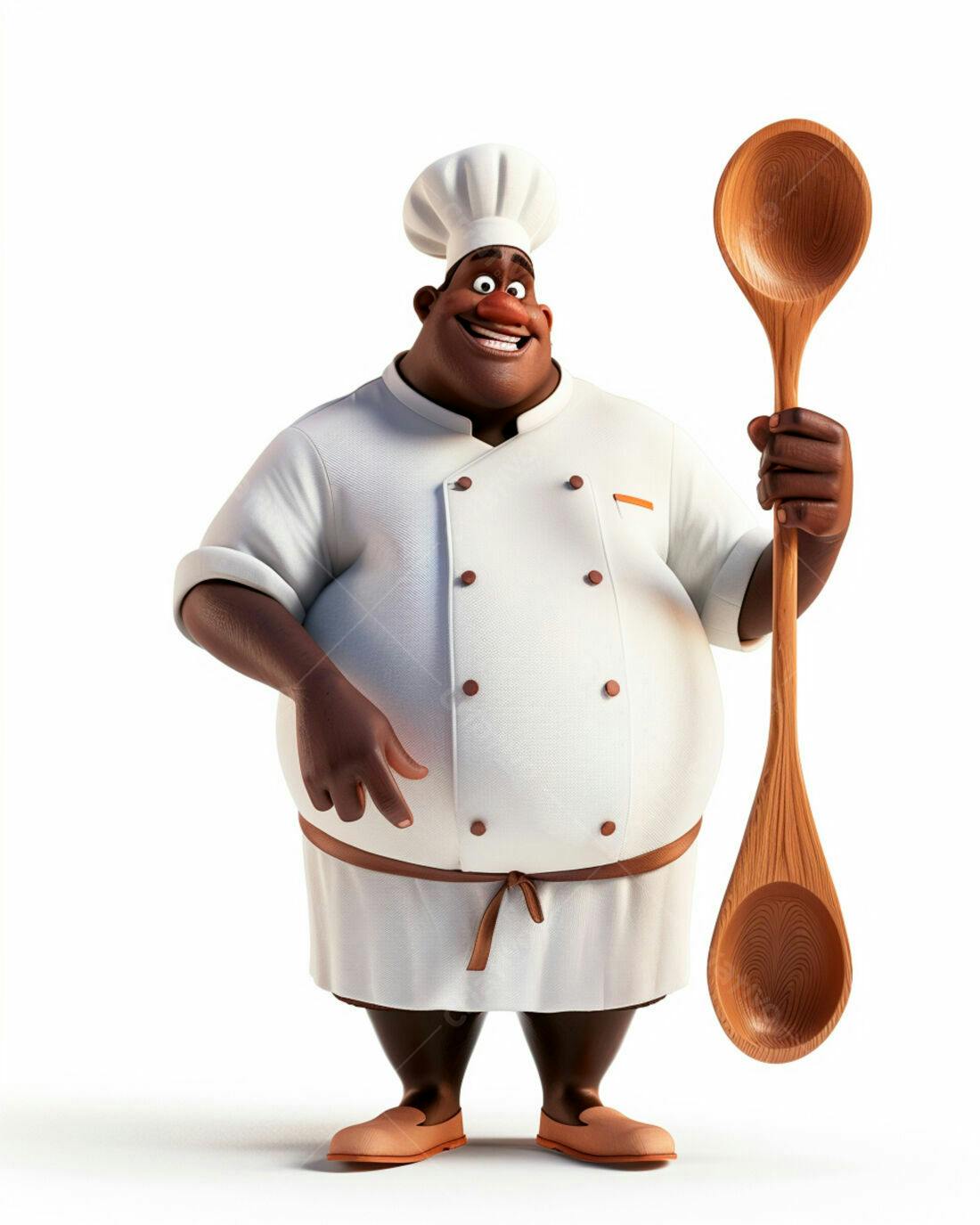Chef negro sorridente com colher de pau gigante