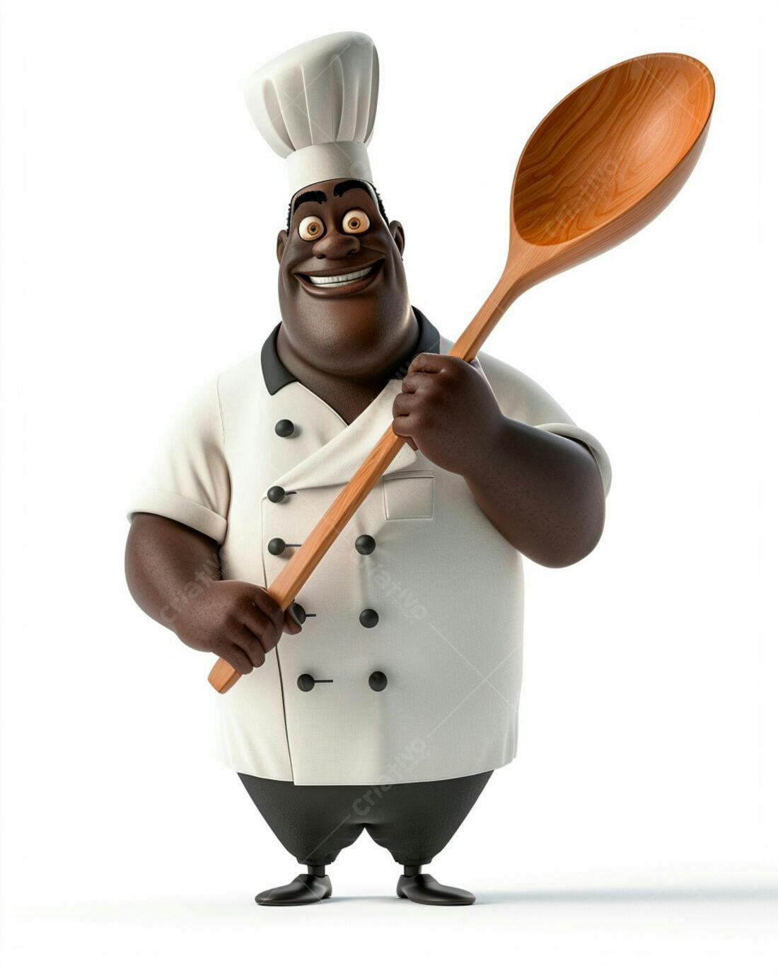 Chef negro alegre com colher de pau gigante
