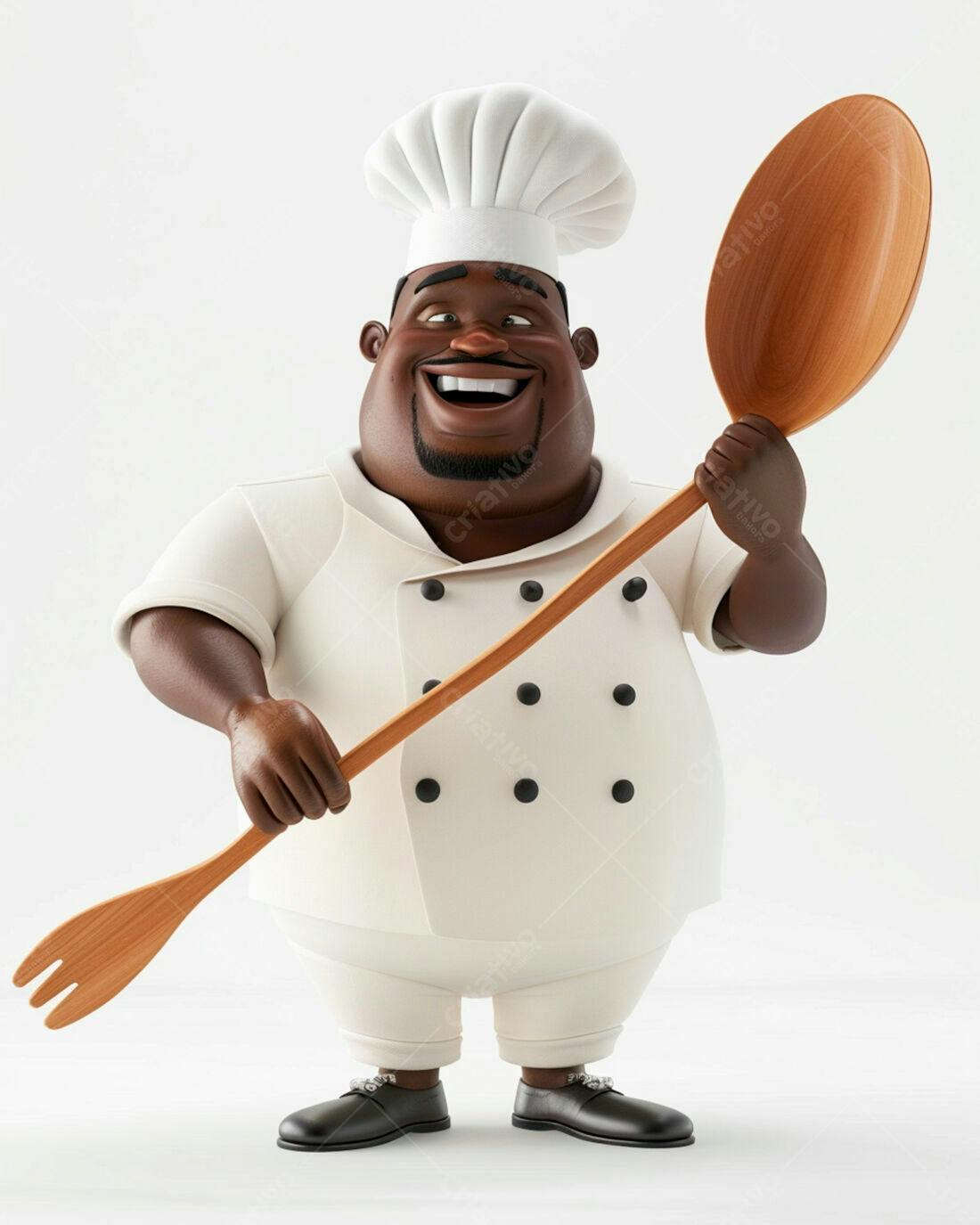 Chef negro sorridente com colher e garfo de madeira