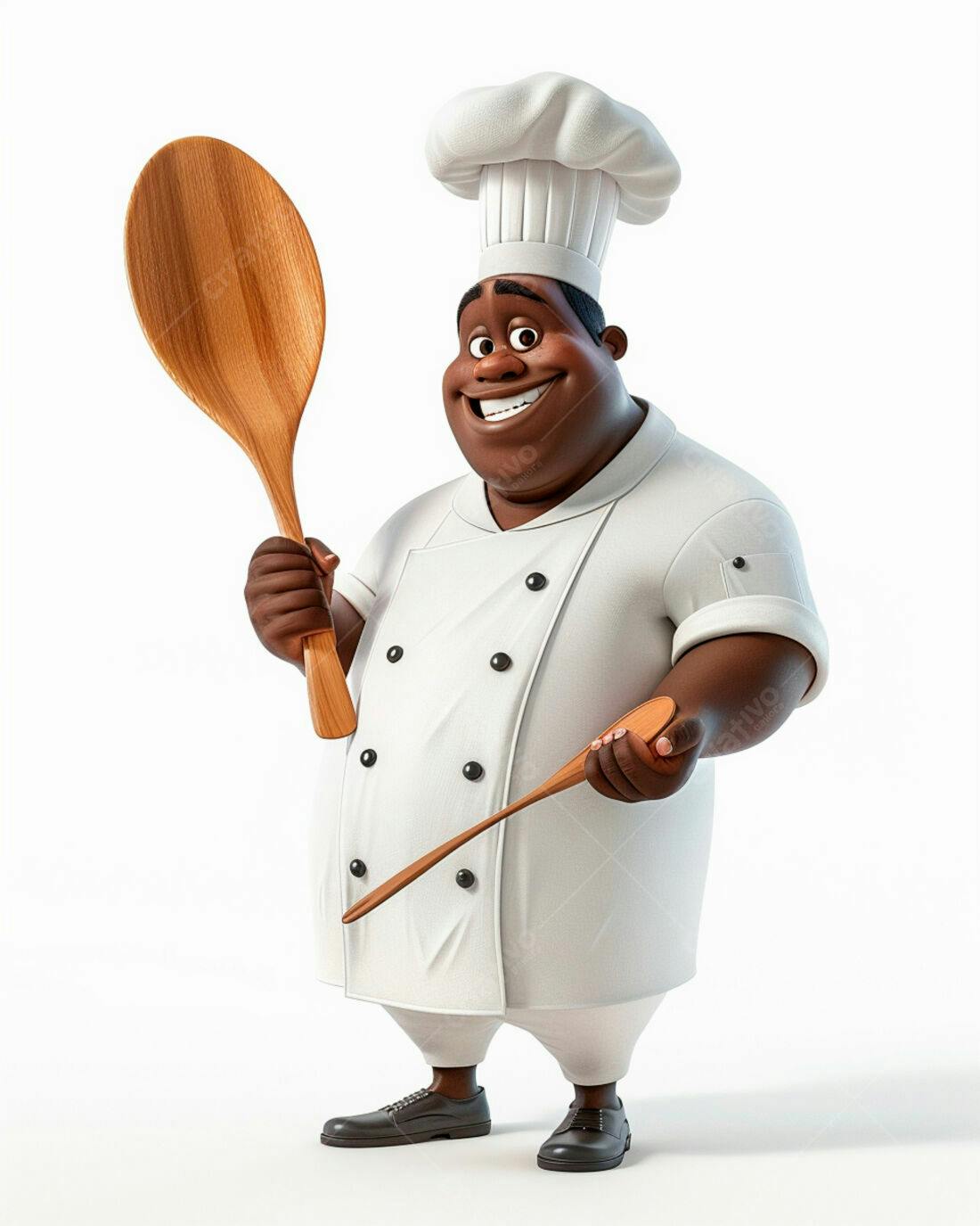 Chef negro sorridente com colheres de pau