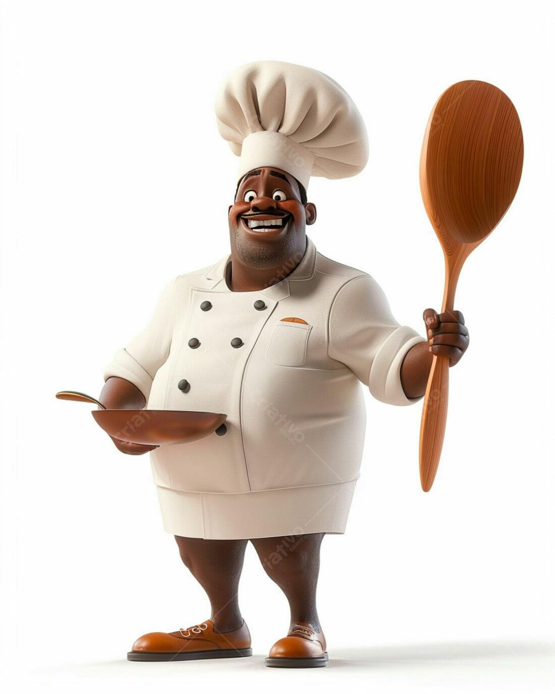 Chef negro alegre com panela e colher de pau