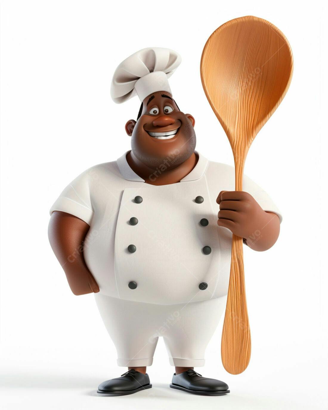 Chef negro sorridente com colher de pau gigante