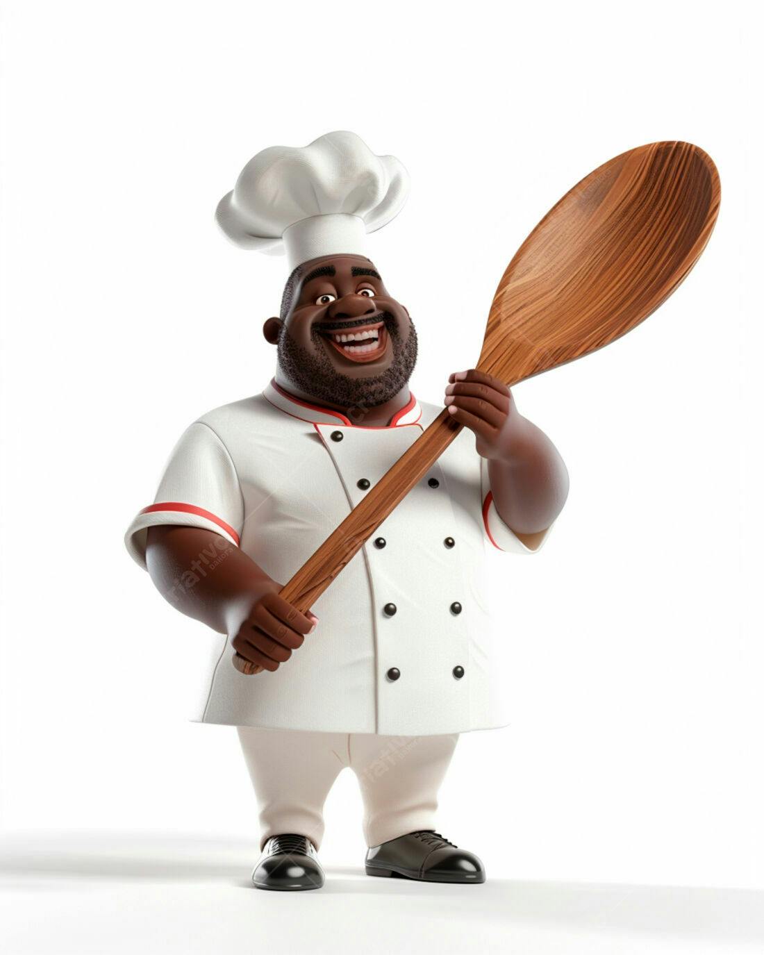 Chef negro sorridente com colher de pau gigante