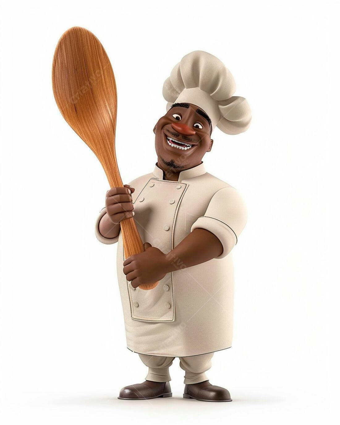 Chef negro sorridente com colher de pau gigante
