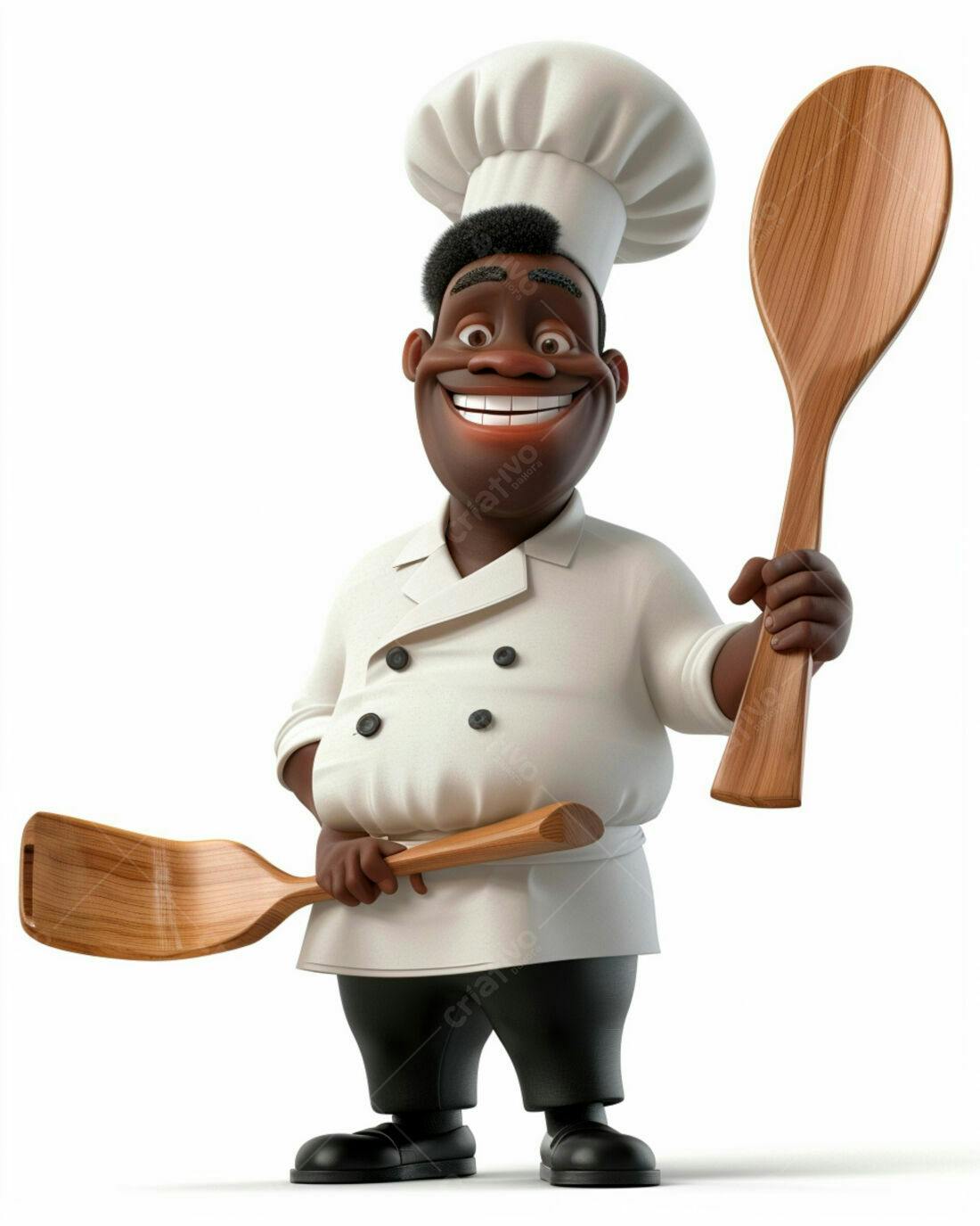 Chef negro feliz com colheres de pau