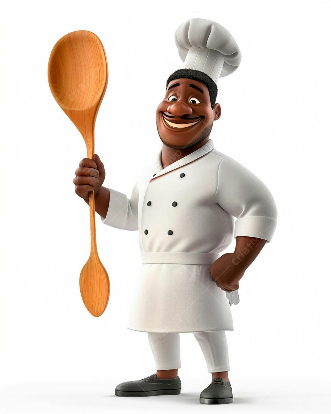 Chef Afro-americano sorridente com colher de pau gigante