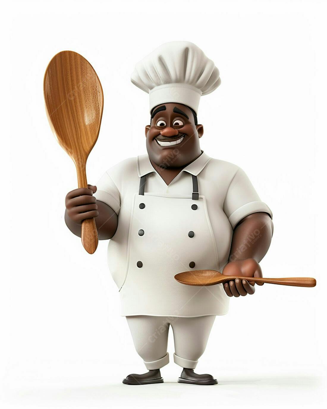 Chef negro sorridente com colheres de madeira