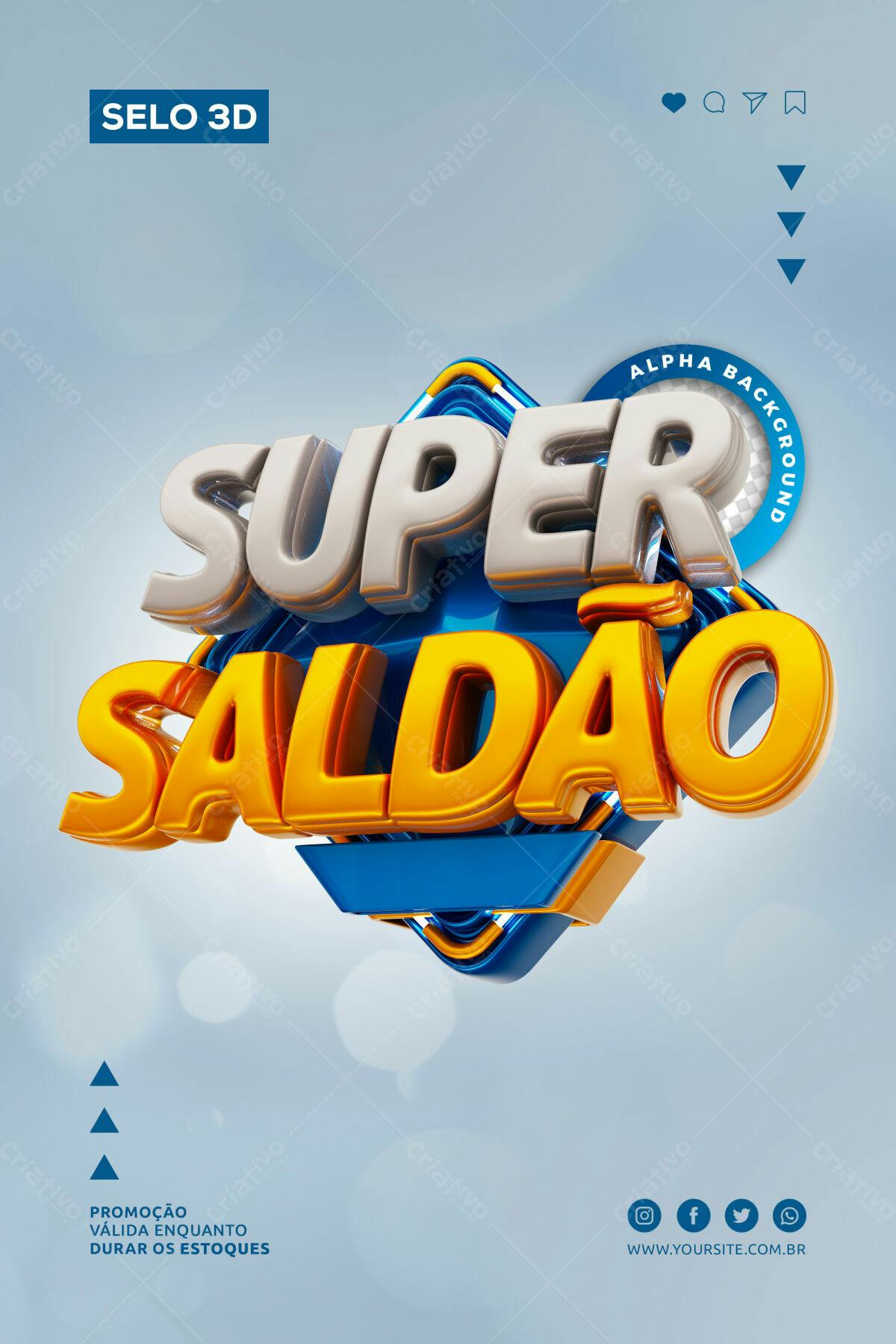 Selo 3D promocional dourado e azul 3D