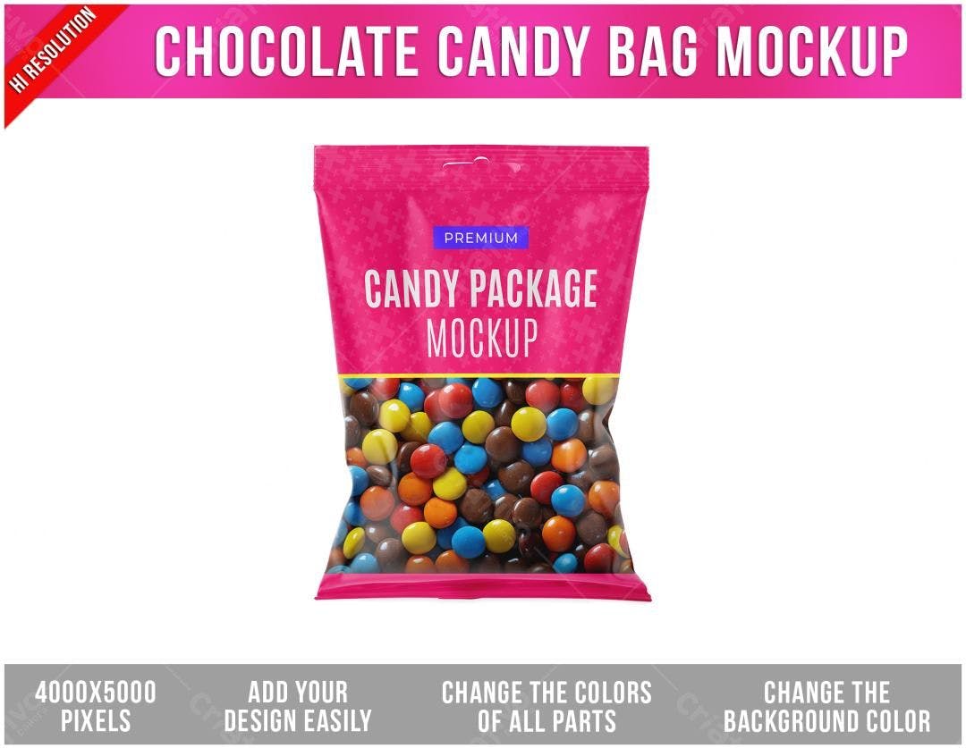 Mockup Bolsa de Doces: Embalagem Realista Rosa com Balas Coloridas