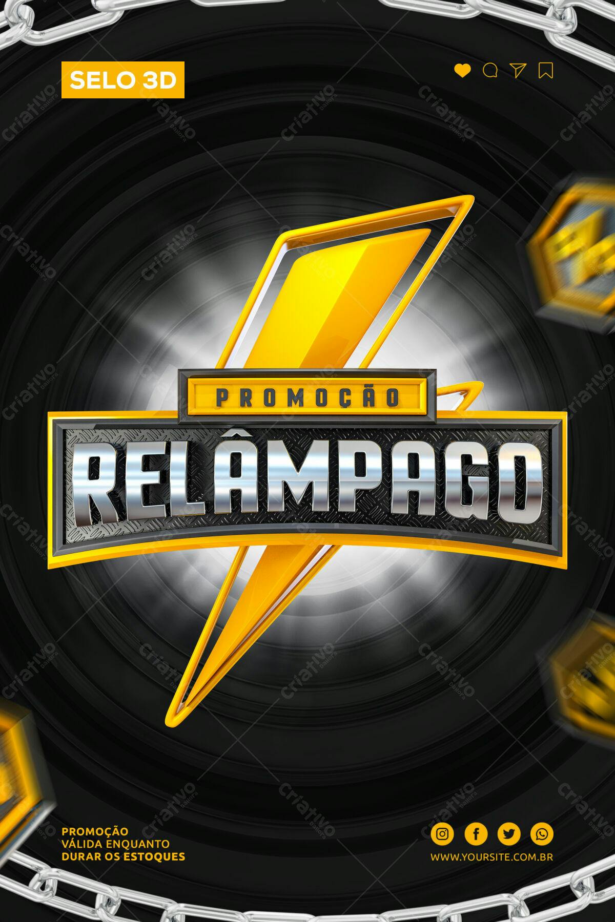 Selo 3D promocional Relâmpago amarelo e metálico