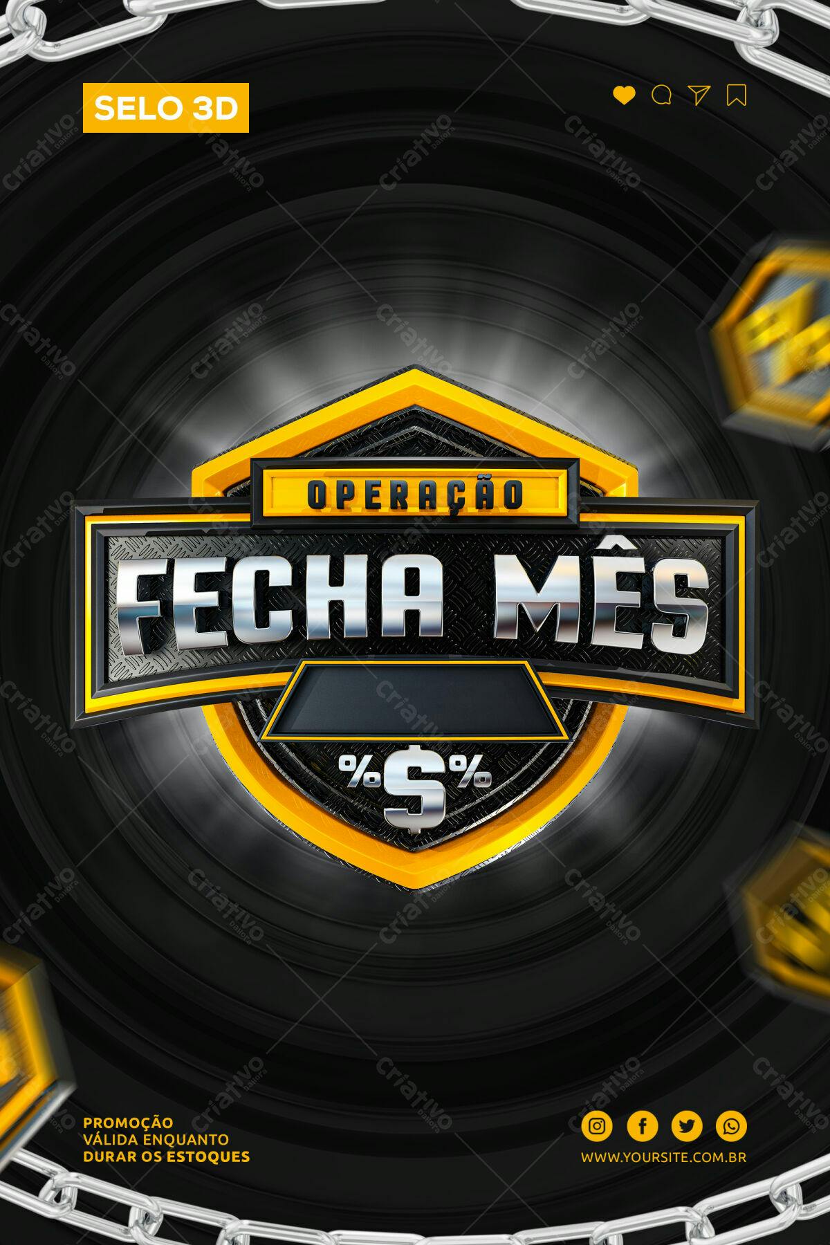 Selo 3D promocional amarelo e preto metalizado