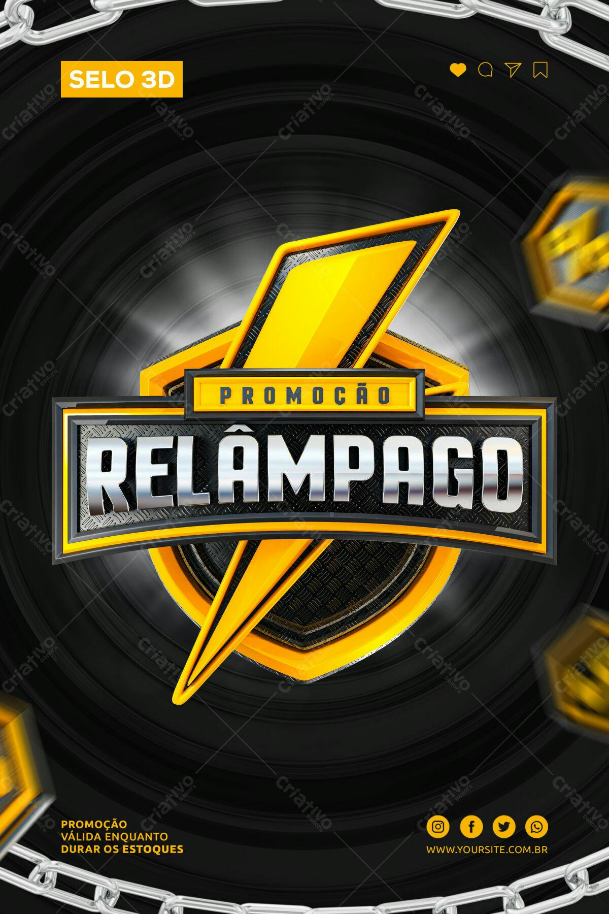 Selo 3D promocional amarelo e preto estilo relâmpago