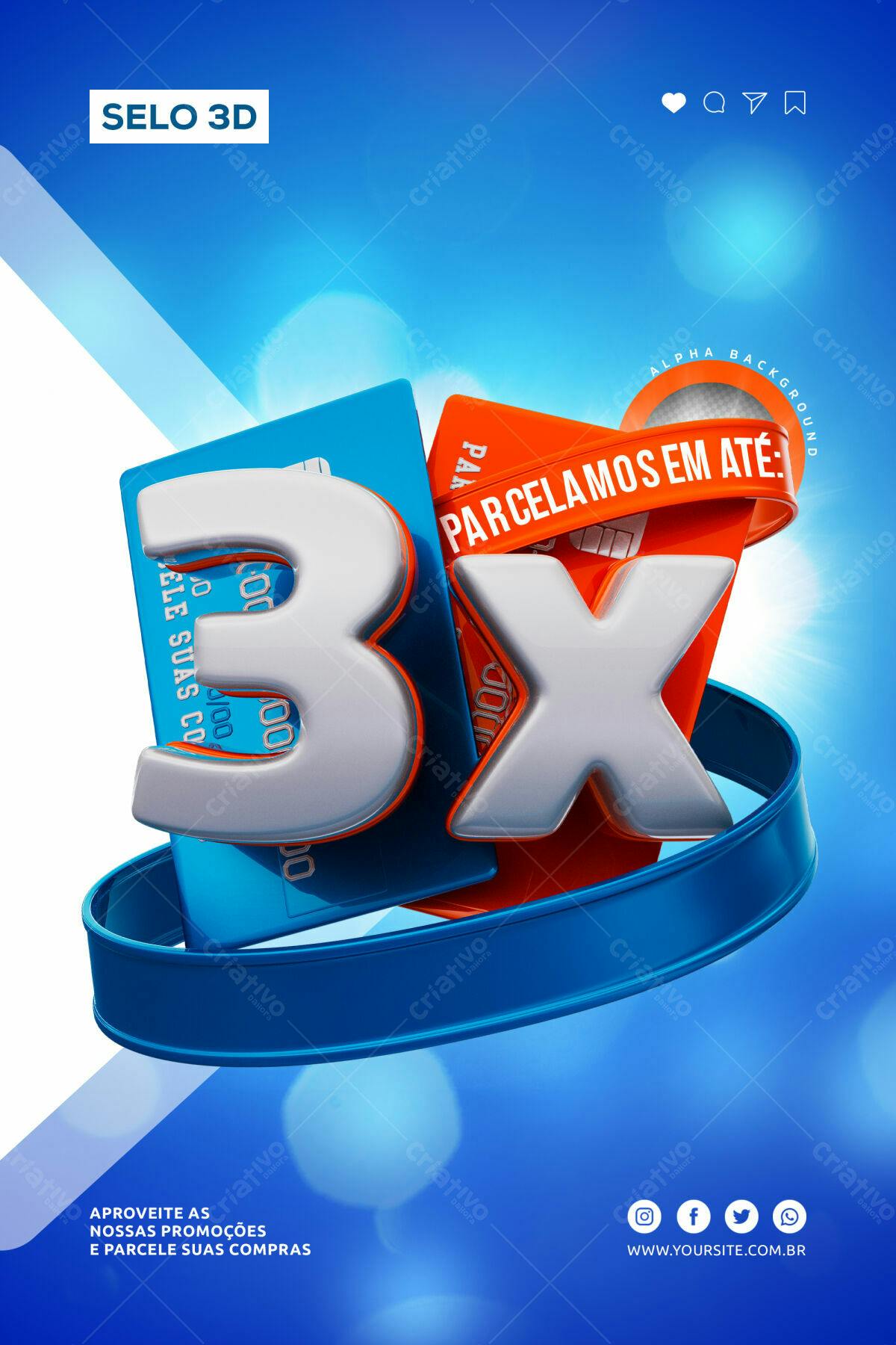 Selo 3D promocional em 3x azul, laranja e prata