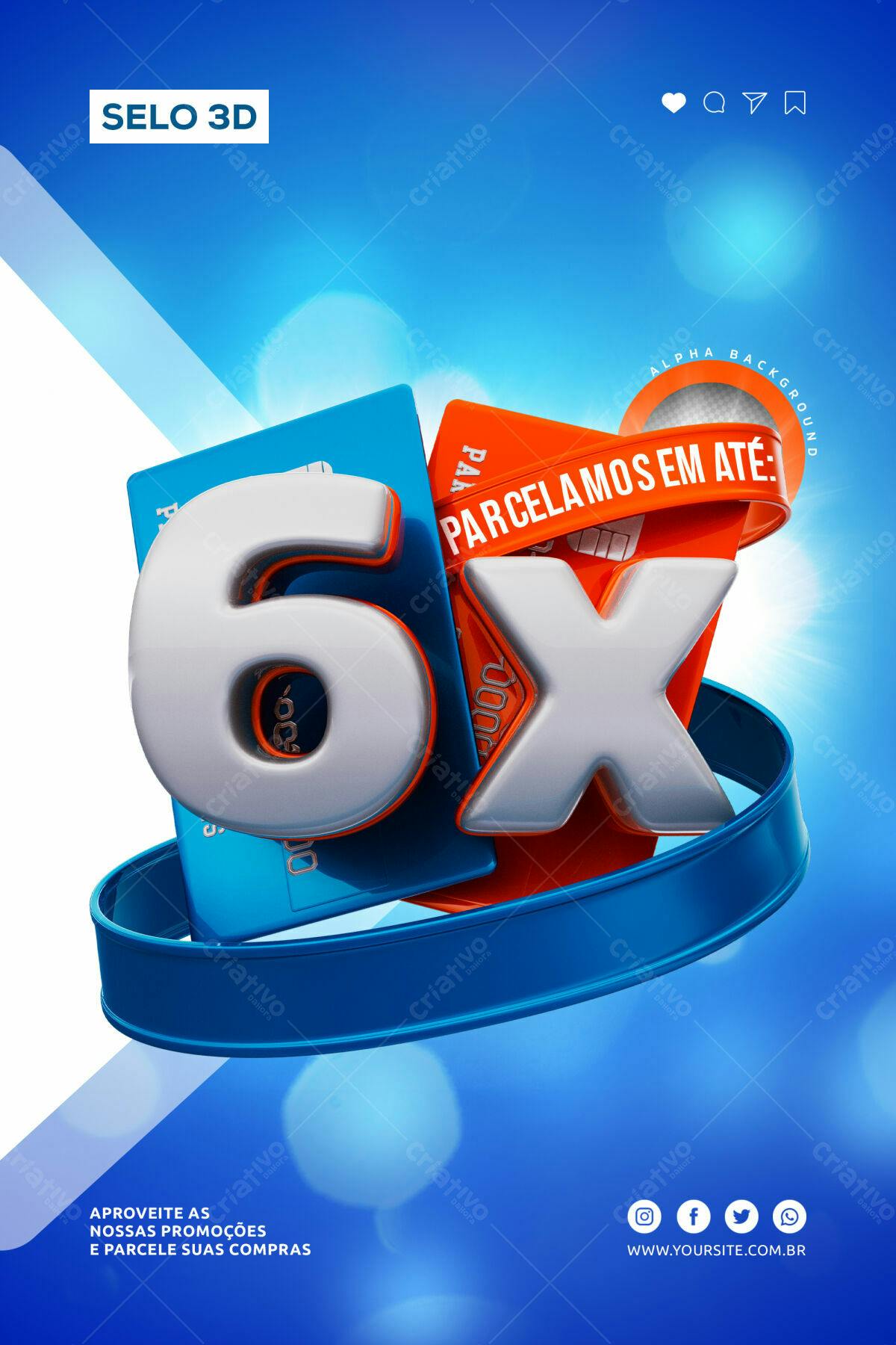 Selo 3D promocional 6x sem juros azul, laranja e prata