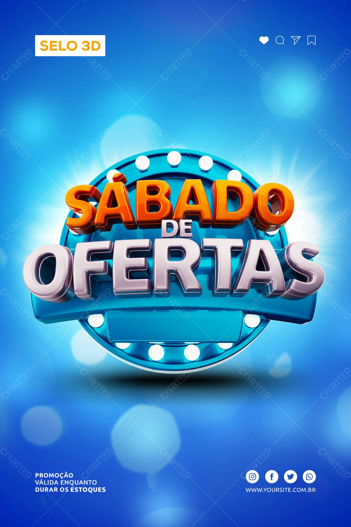 Selo 3D promocional sábado de ofertas azul e laranja