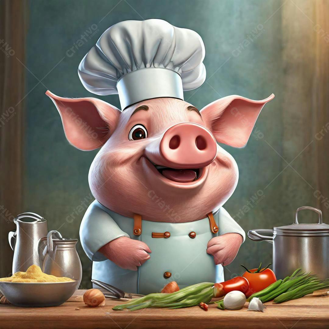 Porco chef feliz na cozinha