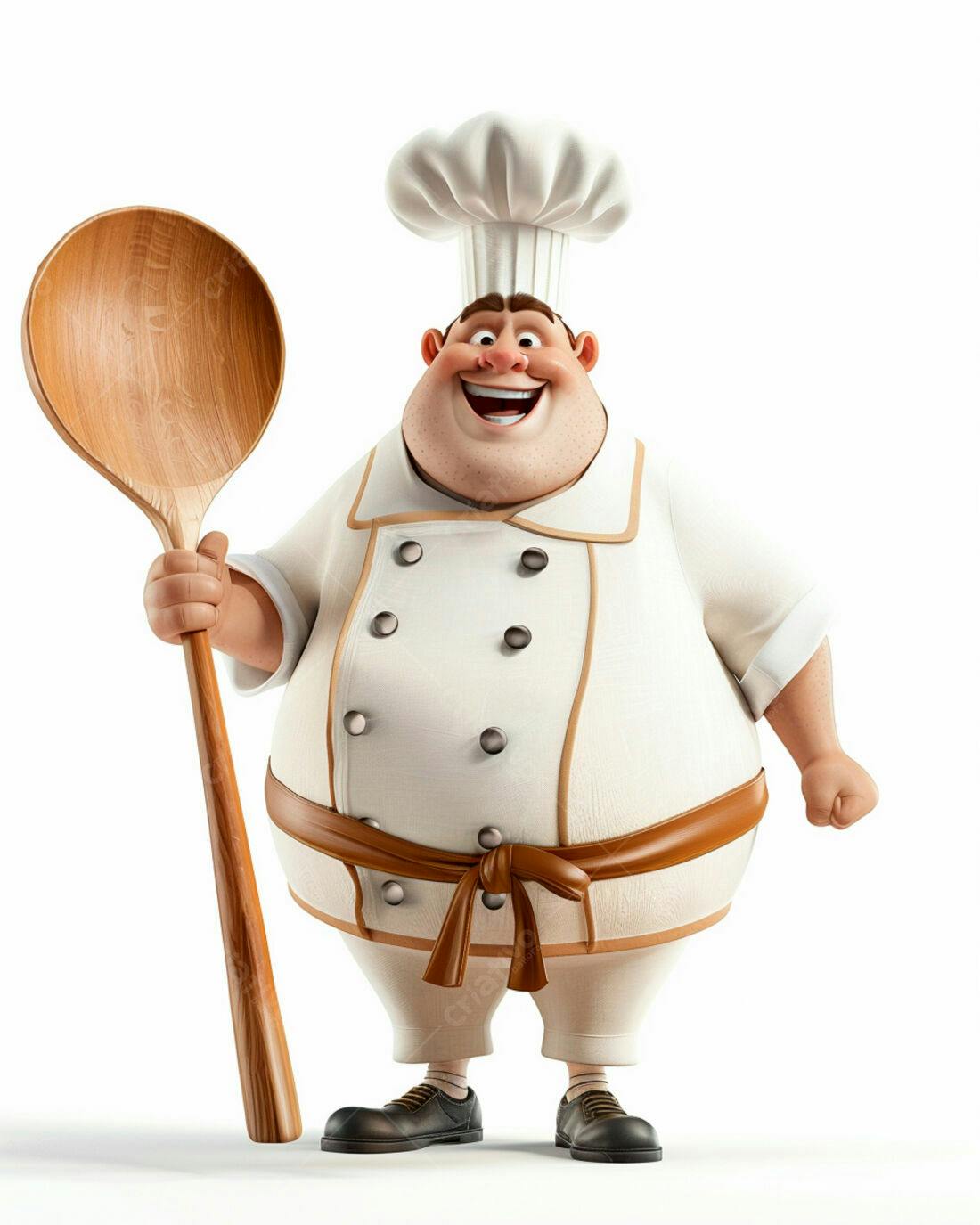 Chef alegre com colher de pau gigante