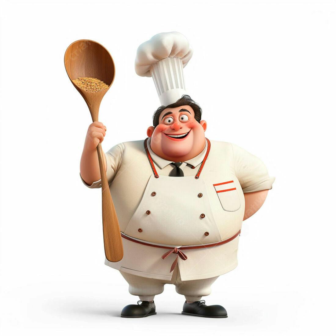 Chef alegre com colher de madeira e grãos