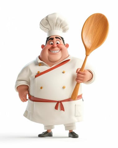 Personagem de chef, segurando uma colher de pau 3d 50