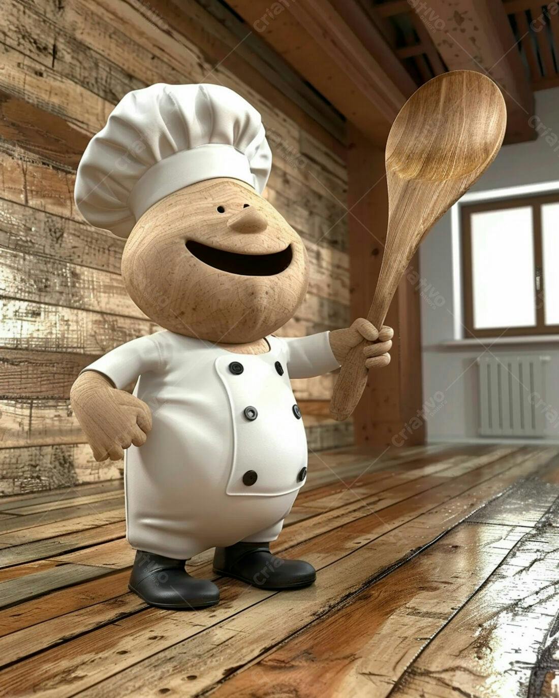 Chef de madeira sorrindo com colher de pau